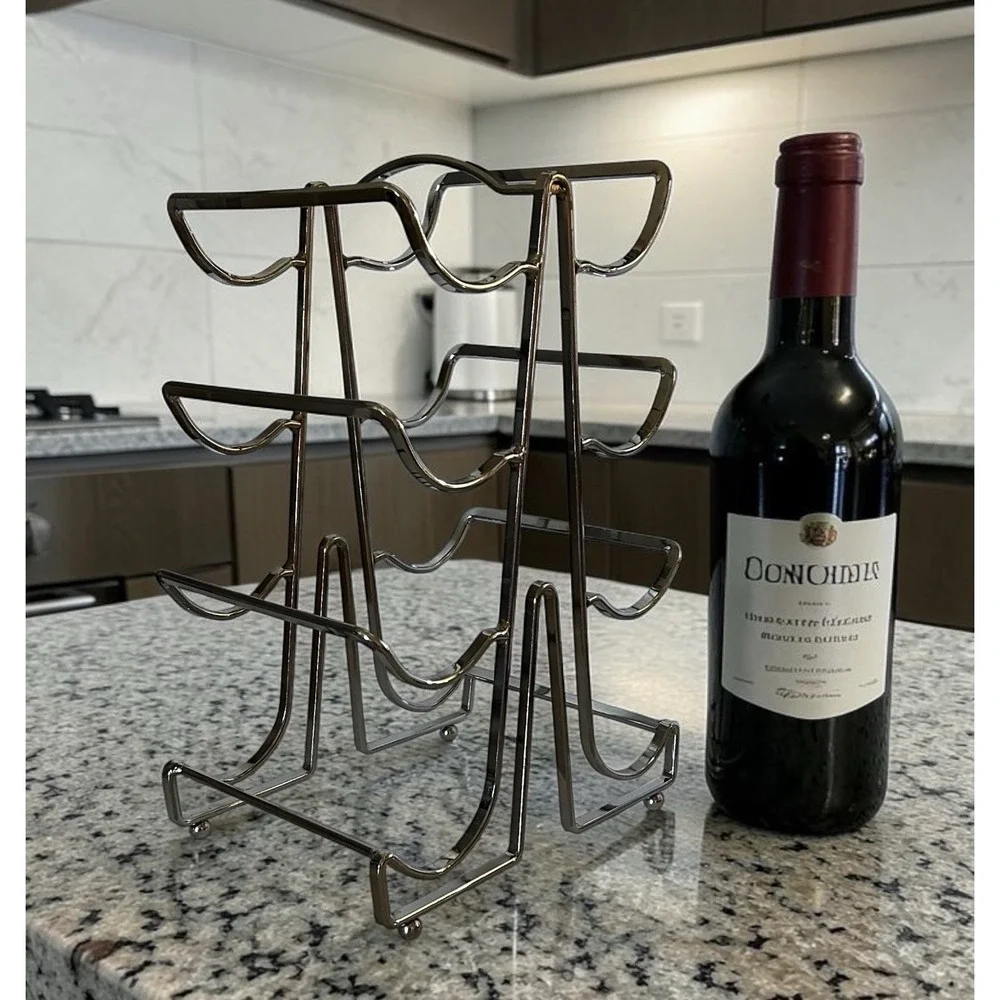 Countertop Wine Rack 8 Bottle Holder Metal Chrome Ball Feet Silver Tower